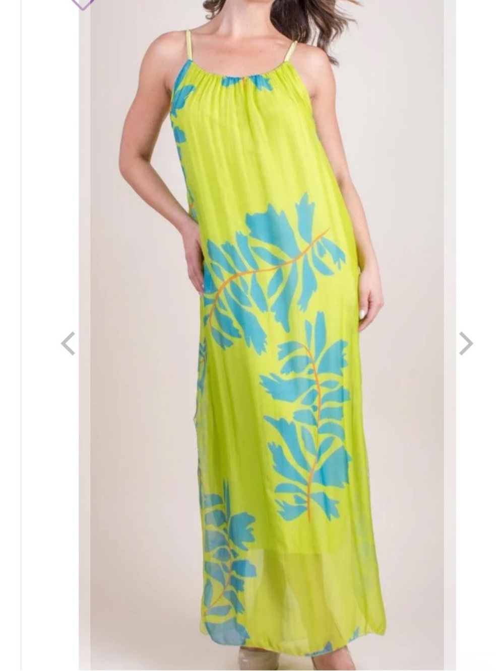 Gigi Moda Italy Silk Maxi Dress Lime Green with Aqua Leaf Print size Large